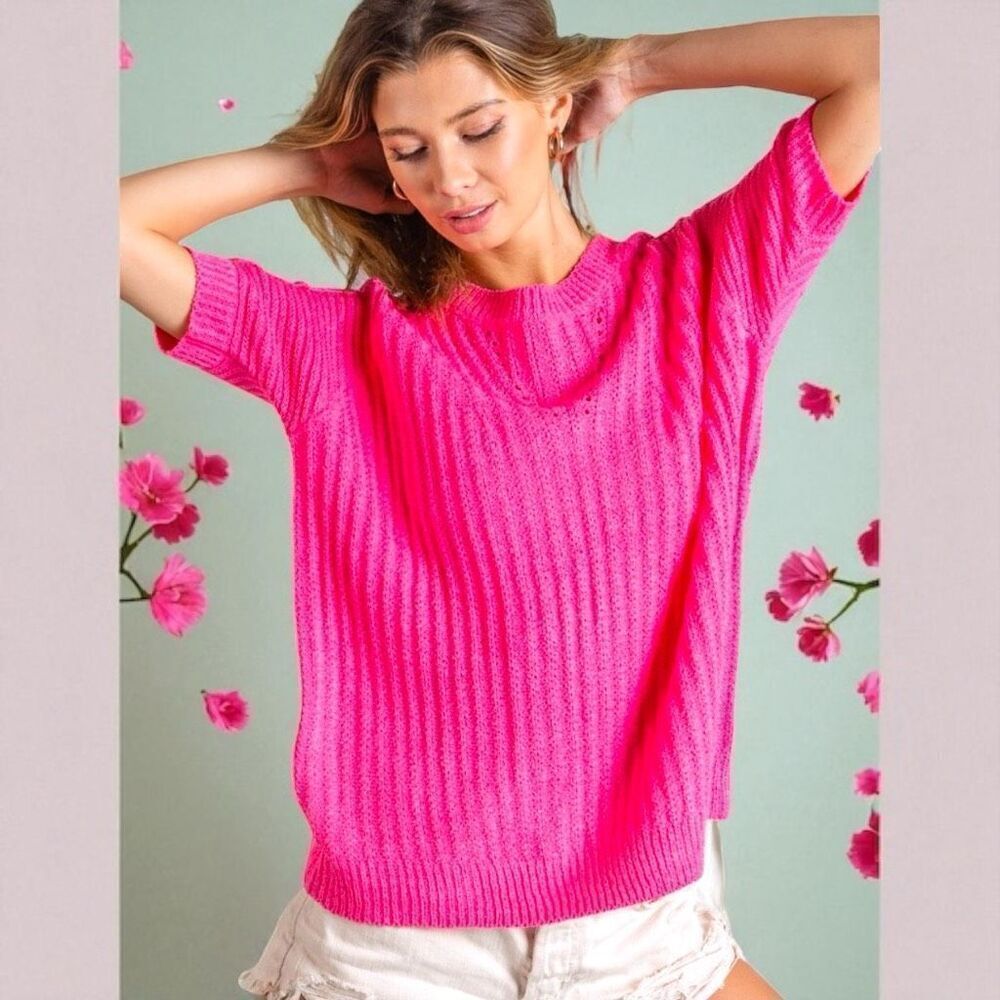 BiBi Fuchsia Pink Texture Round Neck Short Sleeve Knit Top NWT